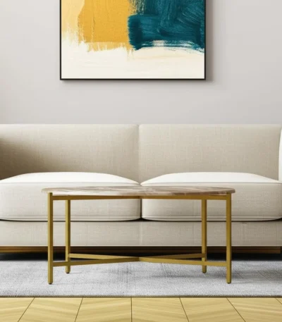 Goldoma 32 inch round genuine marble coffee table with brown marble top and gold metal base in living room setting