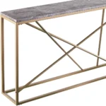 52-inch faux marble console table in gray and gold with storage shelf in living room