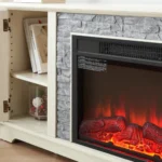 Goldoma 70 inch modern TV stand with electric fireplace and storage cabinet in warm oak black finish