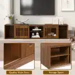 Goldoma Mid-Century Walnut TV Stand with Cat House and Extendable Table – top view