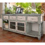 Goldoma 70" Blue and White Distressed Solid Wood TV Stand with Open Shelving – top view
