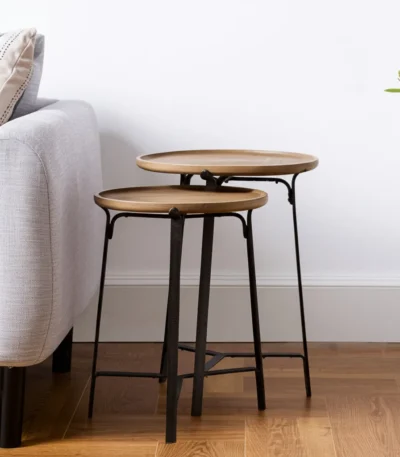 Goldoma 24-inch solid wood round end table with brown iron frame in living room setting