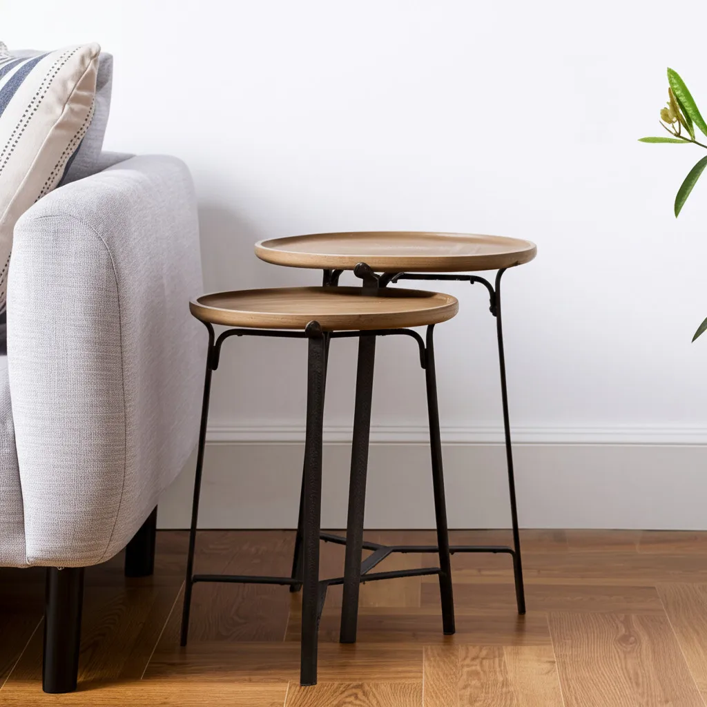 Hbfbacd6d2712455386de6720f29eaa65R.webp Goldoma 24-inch solid wood round end table with brown iron frame in living room setting