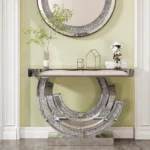 Goldoma silver mirror console table with reflective finish and oak wood construction, perfect for modern living room or hallway decor