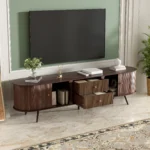 Goldoma 70-inch mid century modern wood tv stand with adjustable shelves in a living room