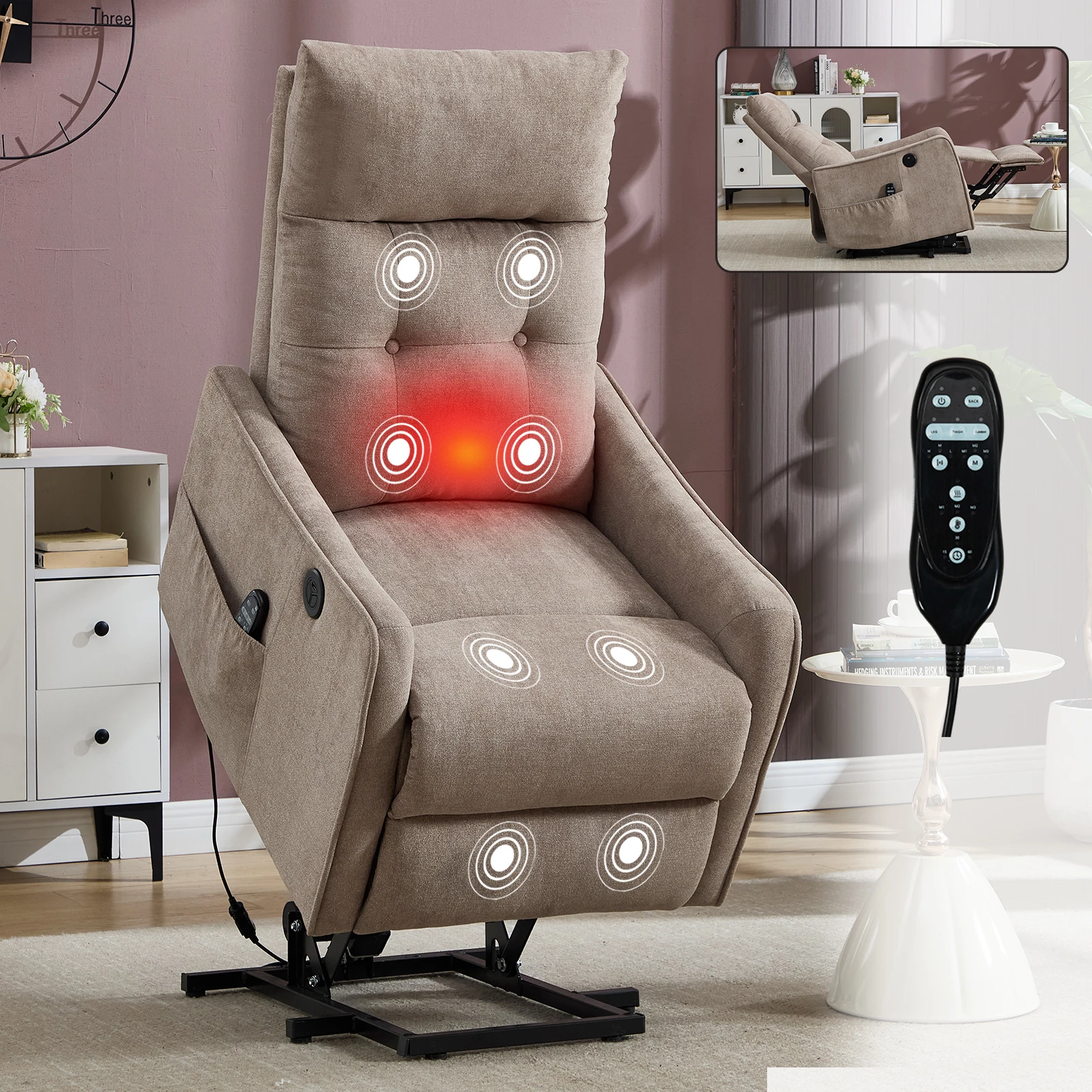Hc001db9d929c4b9a84d11bb7c29cb6271.webp Goldoma khaki chenille power lift recliner with massage and heat, showing the chair in upright position with soft fabric and side USB port