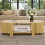 Goldoma oval fluted coffee table with storage in rubber solid wood, featuring a lower shelf and open storage doors, perfect for modern living rooms