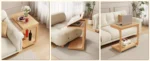 Goldoma C-shaped end table with lockable wheels in natural wood finish, placed under a sofa as a rolling side table