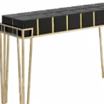 Black and gold mirrored glass console table 47 inch with gold hairpin legs in entryway decor setting