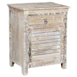 White distressed solid wood nightstand with drawer and open shelf in a rustic bedroom setting