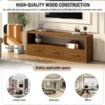 Goldoma modern wood TV stand with adjustable drawers holding a large flat-screen TV in a living room