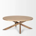 Solid mango wood coffee table 42 inch round farmhouse style with cross legs and natural finish in living room