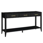 Painted wood console table with 3 drawers and storage shelves in a modern living room entryway