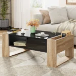 Goldoma high gloss coffee table with drawers and hidden compartment in black and wood grain finish for modern living room