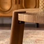 Goldoma round wood coffee table in farmhouse wabi sabi style with natural finish