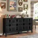 Goldoma Mid Century Modern Solid Wood Sideboard Buffet Cabinet with 4 Doors – TV Media Console Storage – angled view