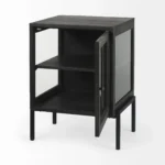 Goldoma 26 inch solid wood end table with black metal base, brown wood top, square shape, modern design for living room