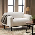 Goldoma 50-inch bouclé loveseat sofa in white upholstery with black wood legs, perfect for small living rooms