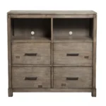 Goldoma 42 inch solid wood open shelving TV stand in brown with cable management for living room