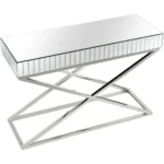 Goldoma 47 inch silver mirrored glass console table with chrome X-base in a modern living room entryway