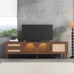Goldoma 70.8 inch brown large media console with rattan drawers and cable management for TVs up to 80 inches