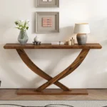 Goldoma Modern Rustic Console Table with cross-leg design in oak finish - solid wood and MDF rustic console table for entryway or living room