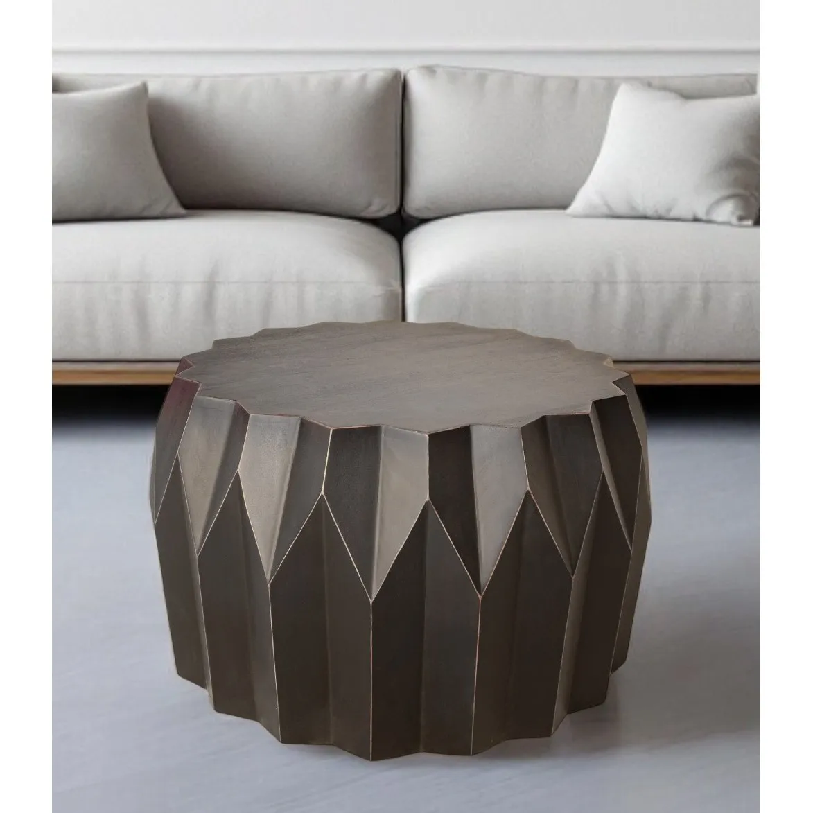 Hc3eca1b5321f4e649d2e6a5c13373024G.webp Goldoma solid wood coffee table in black with distressed drum shape and 29-inch round top