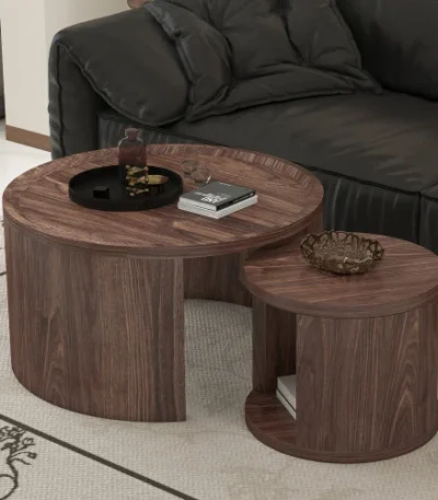 Goldoma round nesting coffee table set of 2 in natural wood and walnut finish, displayed in a modern living room