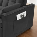 Goldoma convertible futon sofa bed in black velour with pullout bed and storage pockets