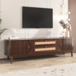 Goldoma modern farmhouse rattan TV stand for TVs up to 75 inches with solid wood legs and storage cabinets
