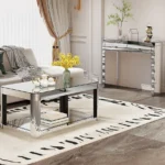 Goldoma modern glass top console table with 2 drawers in a silver finish, placed in an entryway