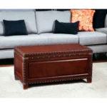 Brown solid wood coffee table with hidden storage in living room setting