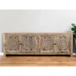 Goldoma 86" solid wood TV stand with hand-carved floral details and distressed finish in natural wood tone