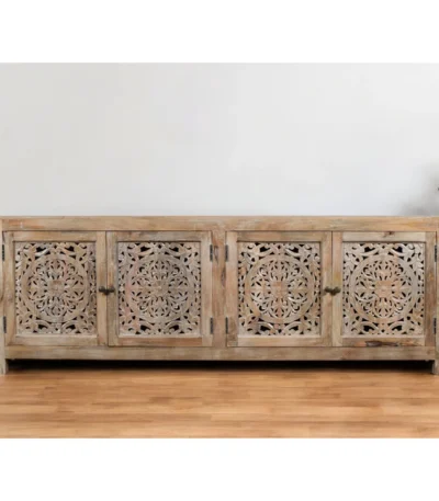 Goldoma 86" solid wood TV stand with hand-carved floral details and distressed finish in natural wood tone