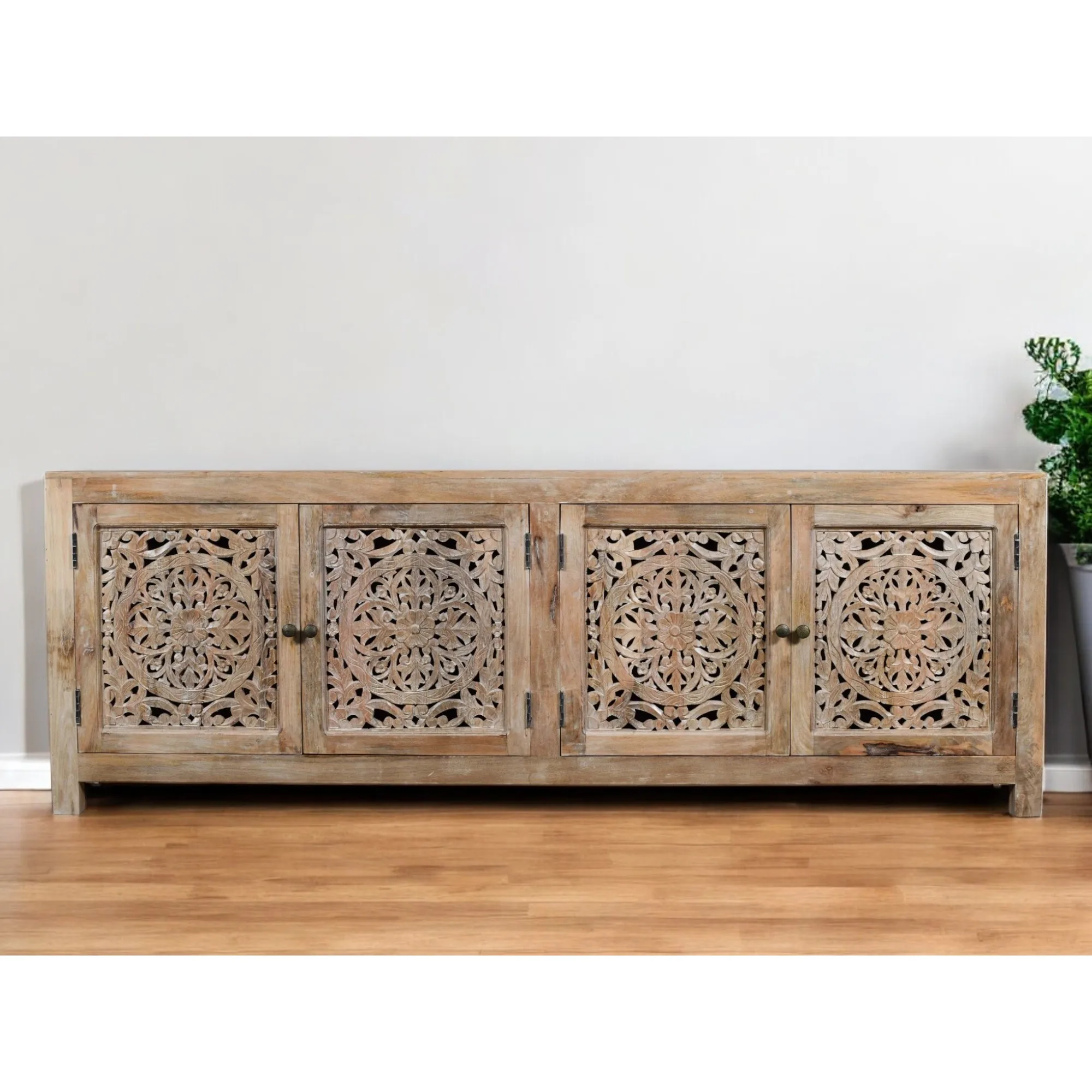 Hc5b4983741c441f89e408dca69770907v.webp Goldoma 86" solid wood TV stand with hand-carved floral details and distressed finish in natural wood tone
