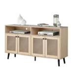 Goldoma mid-century TV stand for 60-64 inch TVs with natural wood finish, tapered legs, and adjustable storage shelves