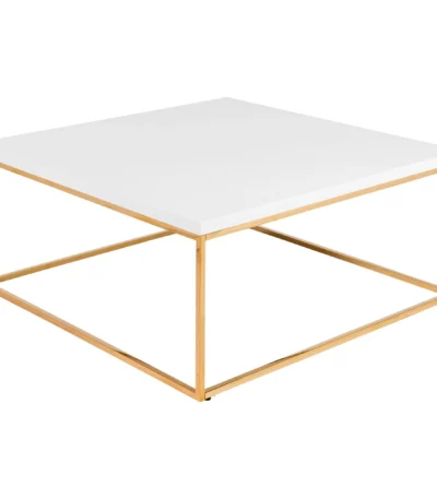 Goldoma 35-inch white and gold square coffee table with wood top and metal frame in modern living room