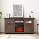 Goldoma mid-century tv stand with 18-inch fireplace insert in rustic barnwood finish, featuring two barn-style doors and adjustable storage shelves.