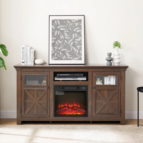 Hc65ff133d7b54ab49b4ca39786101e91v.webp Goldoma mid-century tv stand with 18-inch fireplace insert in rustic barnwood finish, featuring two barn-style doors and adjustable storage shelves.