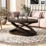 Goldoma 44 inch modern oval wood coffee table with X base and open storage in living room