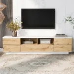 Goldoma modern TV stand up to 80 inches with white and natural finish, featuring multi-functional storage and door rebound device
