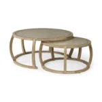 Goldoma brown glass nested coffee table set with solid wood base, vintage round design in living room