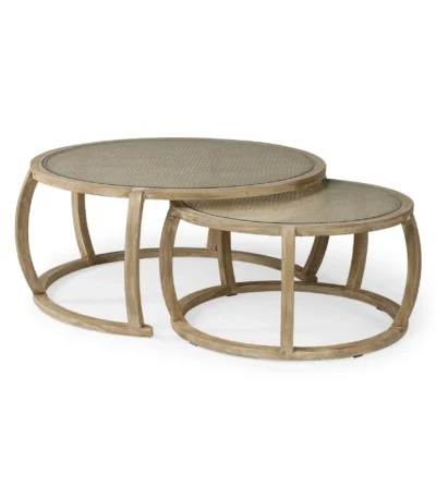 Goldoma brown glass nested coffee table set with solid wood base, vintage round design in living room