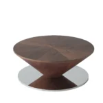 Goldoma modern oval coffee table with stainless steel base and marble wood top in a living room setting