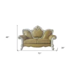 Goldoma 70 inch golden yellow and pearl faux leather loveseat with toss pillows in living room