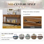 Goldoma 63-inch mid-century console table with 3 drawers and bottom shelf in brown, featuring solid wood legs and tapered design