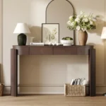 Modern fluted wood console table with natural oak finish and storage in entryway