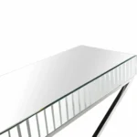 Goldoma 47 inch silver mirrored glass console table with chrome X-base in a modern living room entryway