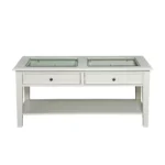 Goldoma 44-inch off-white glass and metal rectangular coffee table in a modern living room