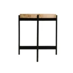 Goldoma 22-inch black and brown burl wood round end table with black metal base in a living room setting